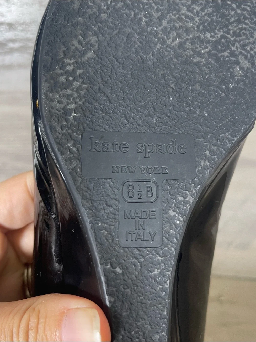 Kate Spade 8.5 Tilda Black Patent Doe Bow Stud Slip On Low Wedges W/Box And Bag‎